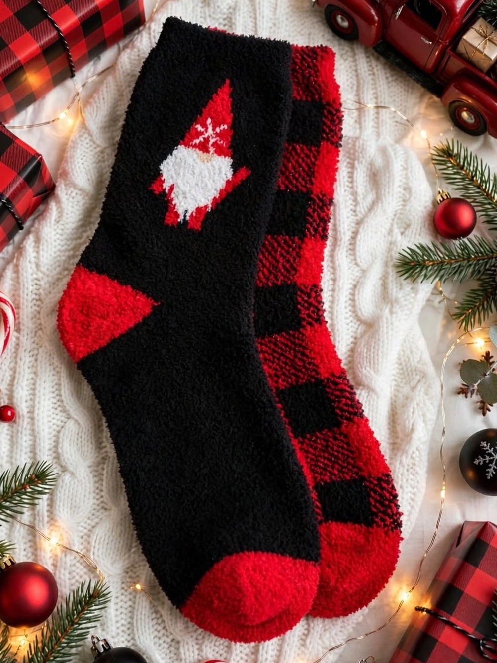 NWOT 2 Pack Cozy Black & Red Gnome Crew Socks - Women’s Plush Holiday Socks
